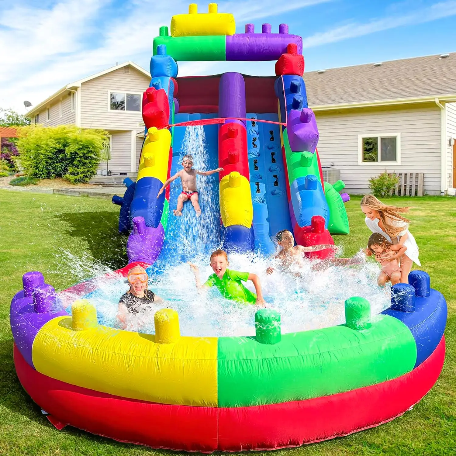 Backyard Party Inflatable Water Slide with Big Splash Pool, 22.5 x 9.84 x 10.8 Feet, Oxford Fabric, Includes Air Blower, Building Block Design
Backyard Party Inflatable Water Slide with Big Splash Pool, 22.5 x 9.84 x 10.8 Feet, Oxford Fabric, Includes Air Blower, Building Block Design