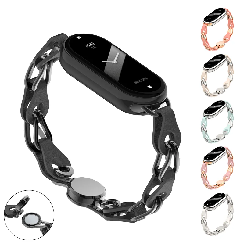 Кожаный ремешок с металлической цепочкой для Xiaomi Mi Band 8, сменный браслет с магнитной пряжкой для Miband 8, Аксессуары для браслета с отверстиями
Кожаный ремешок с металлической цепочкой для Xiaomi Mi Band 8, сменный браслет с магнитной пряжкой для Miband 8, Аксессуары для браслета с отверстиями