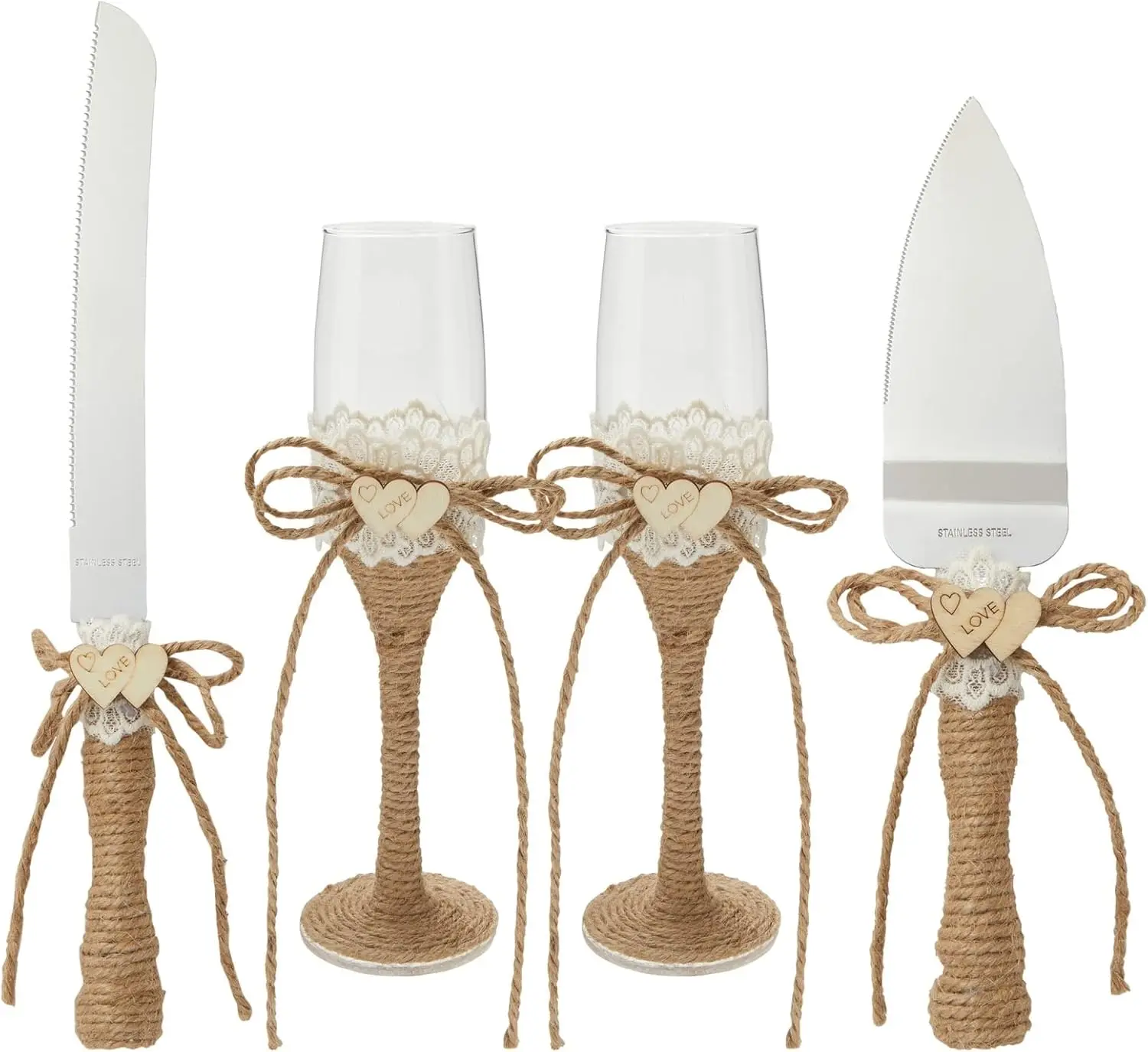 Rustic Wedding Cake Knife & Server Set with Champagne Flutes, Brown Wood Handles, 13.2' Knife, 11' Server, 7.1oz Flutes
Rustic Wedding Cake Knife & Server Set with Champagne Flutes, Brown Wood Handles, 13.2' Knife, 11' Server, 7.1oz Flutes
