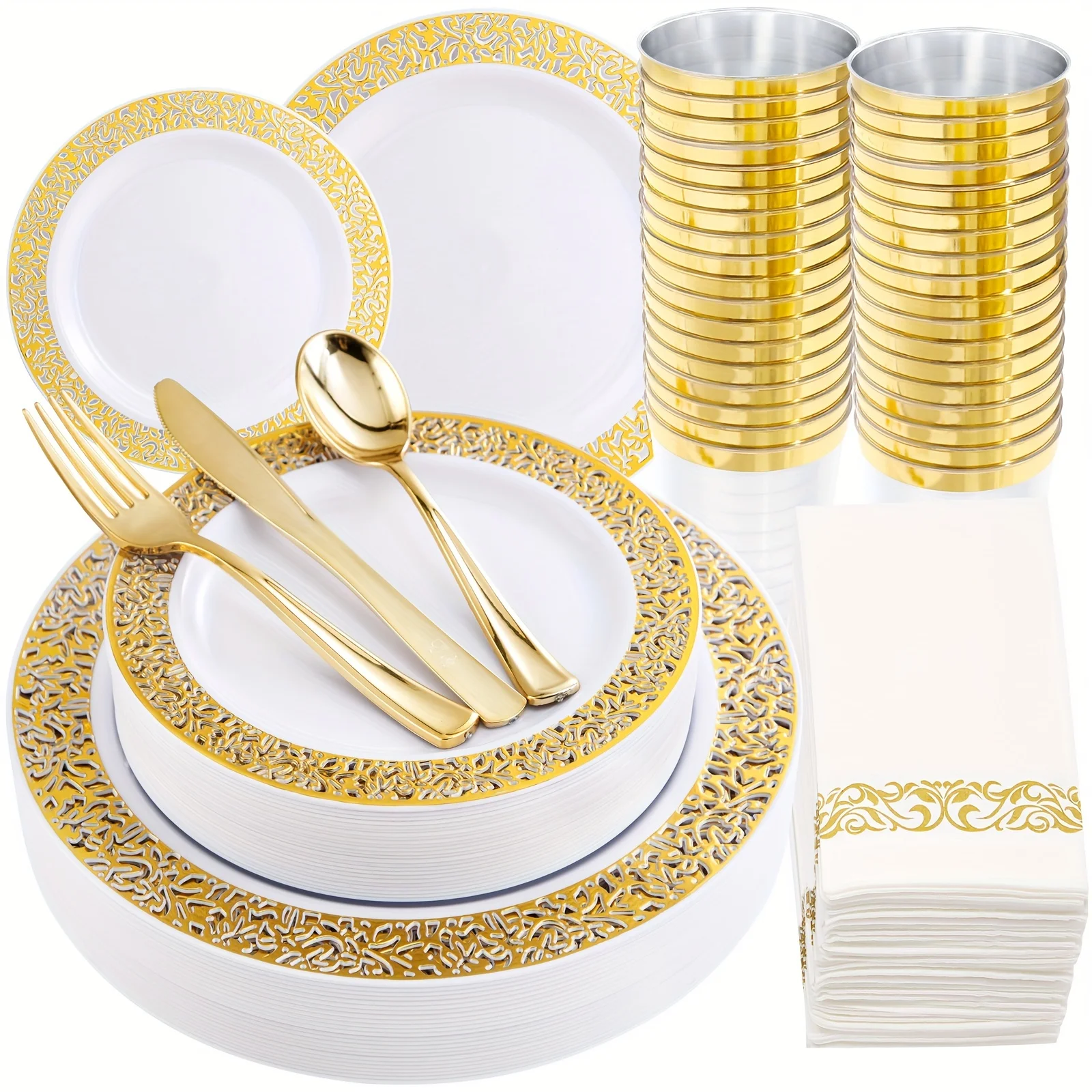 160-Piece White Golden Plastic Dinnerware Set - Includes 40 Forks, 20 Spoons, 20 Knives, 20 Dinner Plates, 20 Dessert Plates, 20
160-Piece White Golden Plastic Dinnerware Set - Includes 40 Forks, 20 Spoons, 20 Knives, 20 Dinner Plates, 20 Dessert Plates, 20