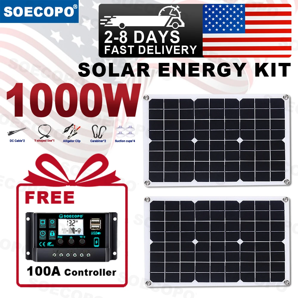 SOECOPO 1000W Portable Solar Panel Kit 2*500W Photovoltaic Panels for Camping Free 100A Controller USB Home Balcony Shipping from the USA
SOECOPO 1000W Portable Solar Panel Kit 2*500W Photovoltaic Panels for Camping Free 100A Controller USB Home Balcony Shipping from the USA