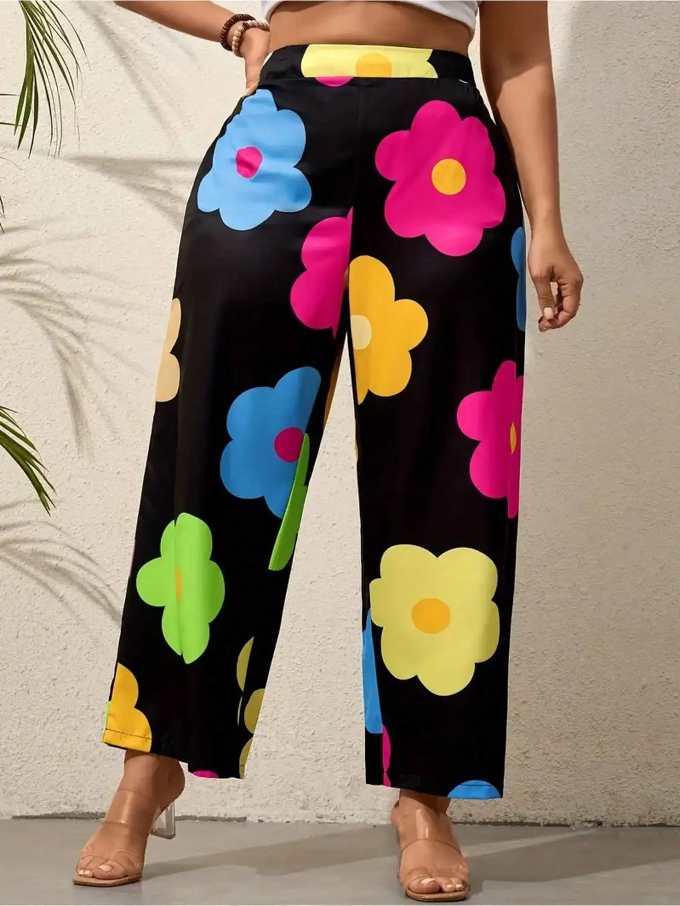 Plus Size Colorful Flower Print Wide Leg Pants, Vacation Style High Waist Pants For Spring & Summer, Women's Plus Size Clothing
Plus Size Colorful Flower Print Wide Leg Pants, Vacation Style High Waist Pants For Spring & Summer, Women's Plus Size Clothing