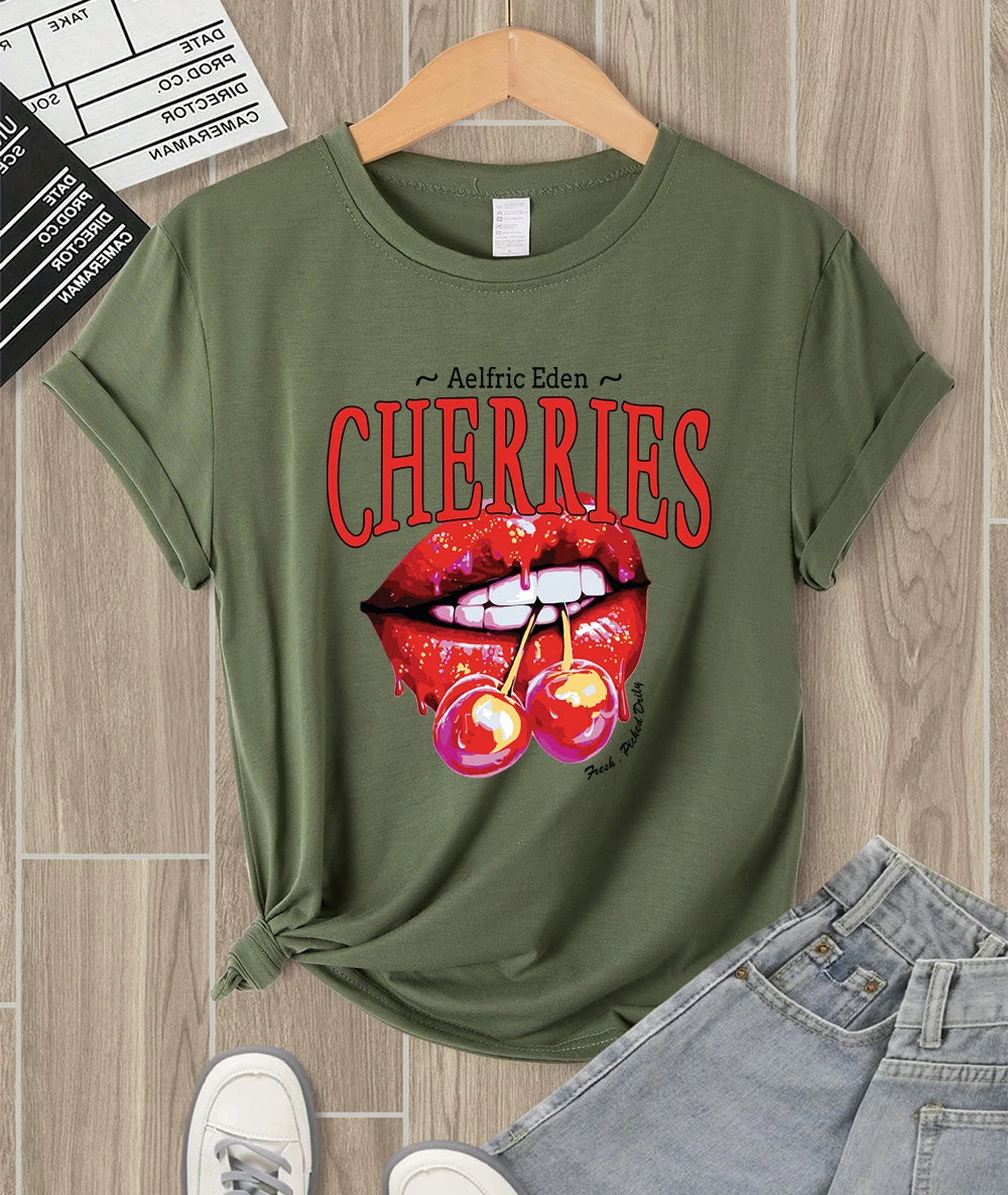 Женская футболка с дизайном Cherries On The Lips, повседневные футболки с круглым вырезом, летняя универсальная футболка, разноцветная повседневная спортивная одежда
Женская футболка с дизайном Cherries On The Lips, повседневные футболки с круглым вырезом, летняя универсальная футболка, разноцветная повседневная спортивная одежда