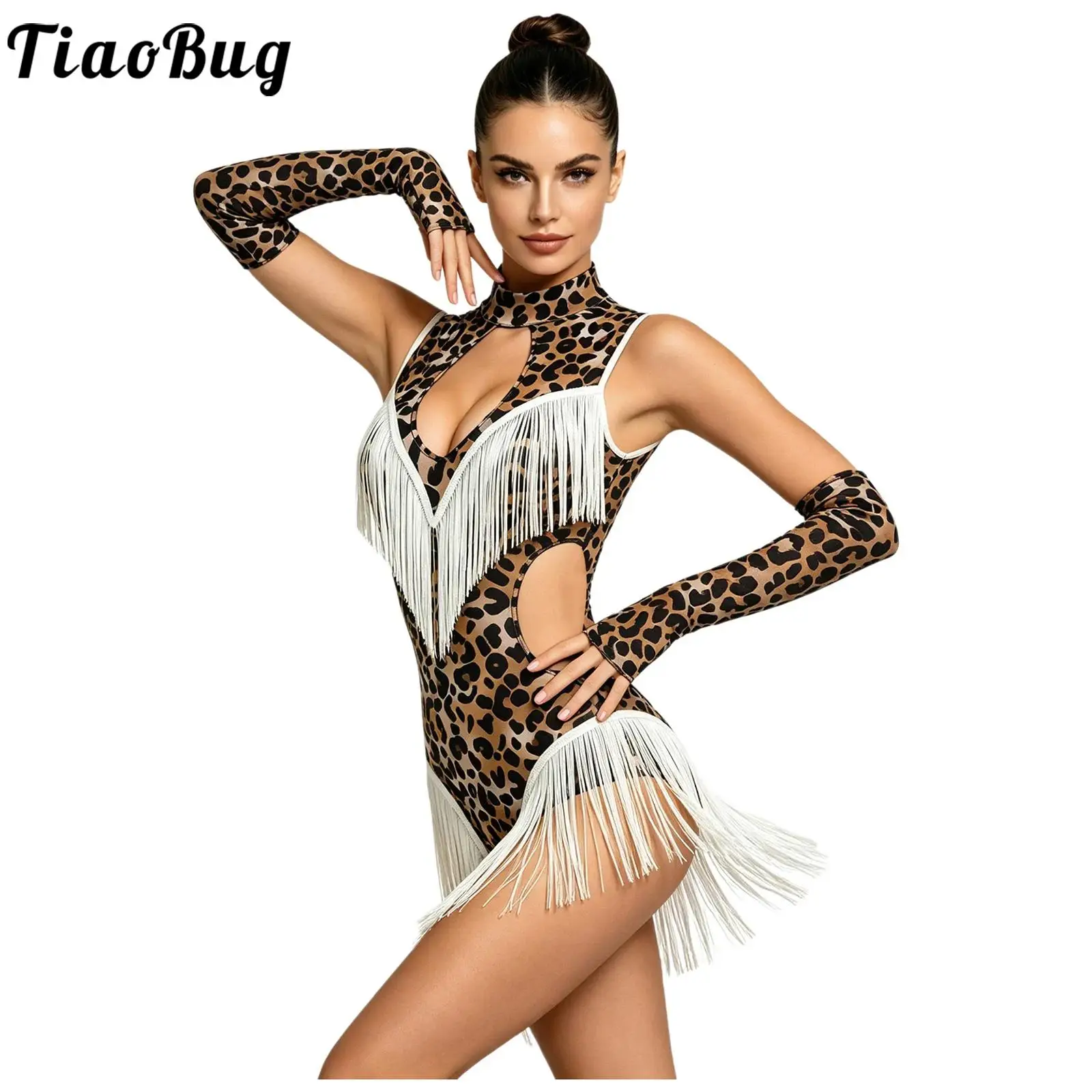 Women Latin Tango Samba Dance Leopard Bodysuits with Oversleeves Tassel Backless Cutout Waist Leotard Rumba Jazz Jumpsuits Set
Women Latin Tango Samba Dance Leopard Bodysuits with Oversleeves Tassel Backless Cutout Waist Leotard Rumba Jazz Jumpsuits Set
