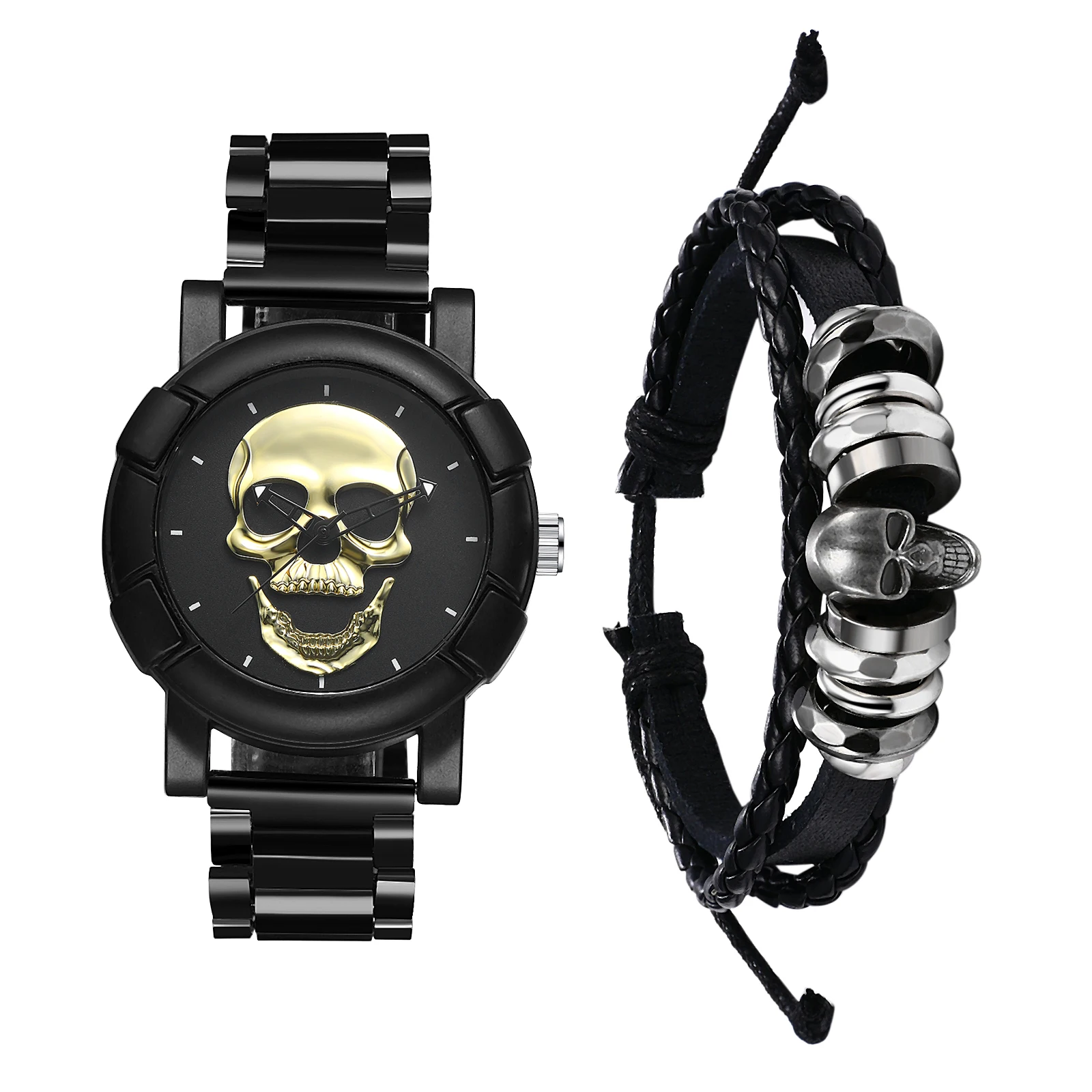 2 pieces fitted with simulated quartz watch skeleton decorated bracelet Punk style Halloween watch bracelet set for men
2 pieces fitted with simulated quartz watch skeleton decorated bracelet Punk style Halloween watch bracelet set for men