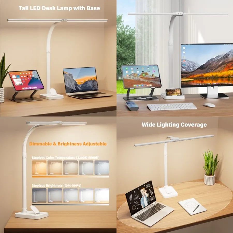 LED Desk Lamp with Base - Bright Dimmable Computer Lamp with Phone Holder, 24W Bendable Desk Light for Monitor Screen, Eye-Cari