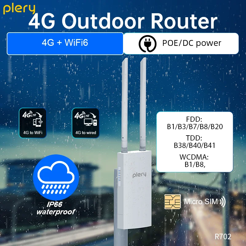Plery IP66 CAT4 AX300 WiFi6 4G Router For Outdoor IP Camera/CPE 300Mbps Global LTE Router POE/DC Power 2*5dBi Dual Antennas
Plery IP66 CAT4 AX300 WiFi6 4G Router For Outdoor IP Camera/CPE 300Mbps Global LTE Router POE/DC Power 2*5dBi Dual Antennas