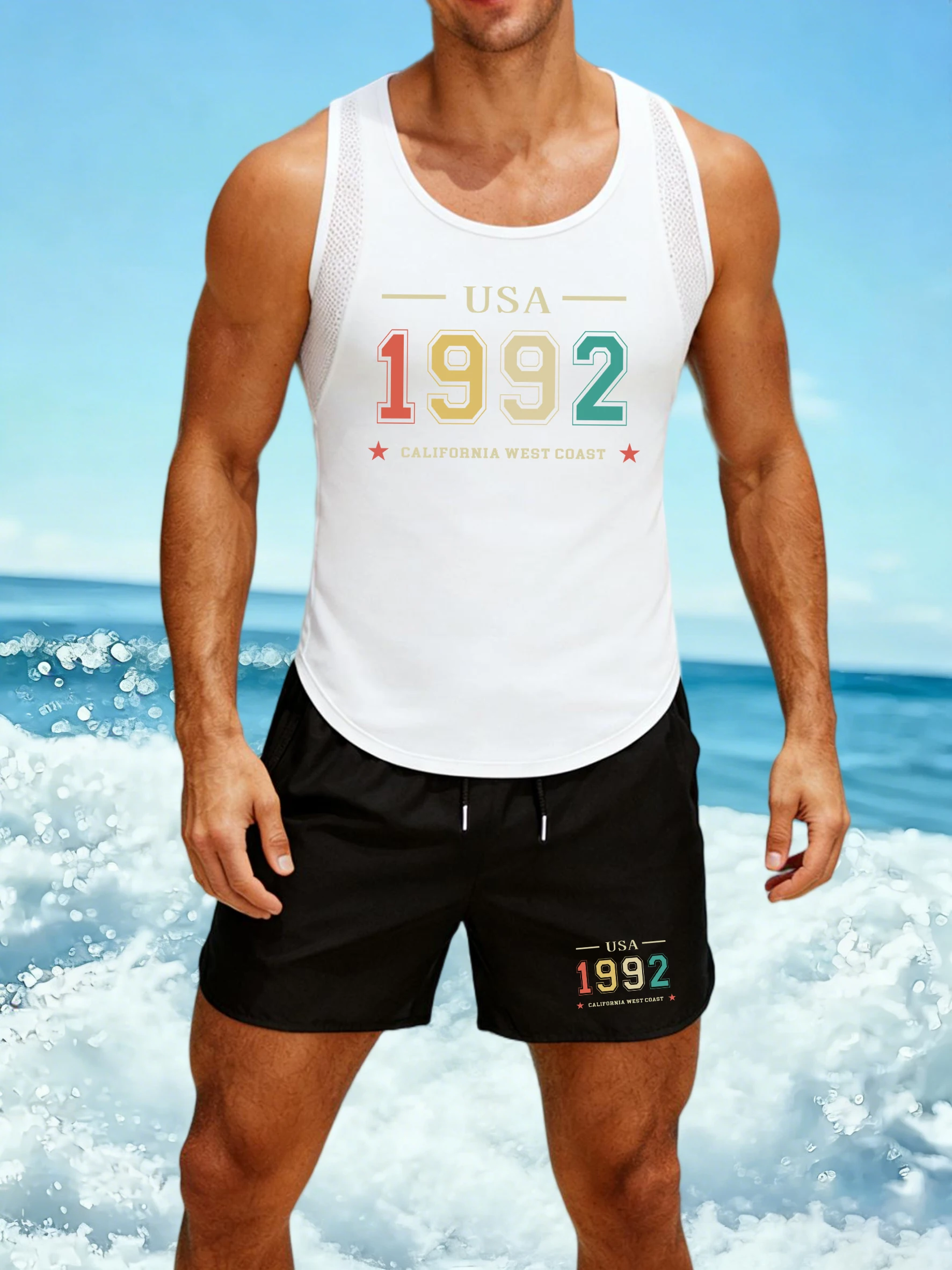 Usa 1992 California West Design Men Reticular Vest Suit Tops Summer Soft Fashion Shorts O-Neck Vests Unisex Comfortable Clothing
Usa 1992 California West Design Men Reticular Vest Suit Tops Summer Soft Fashion Shorts O-Neck Vests Unisex Comfortable Clothing