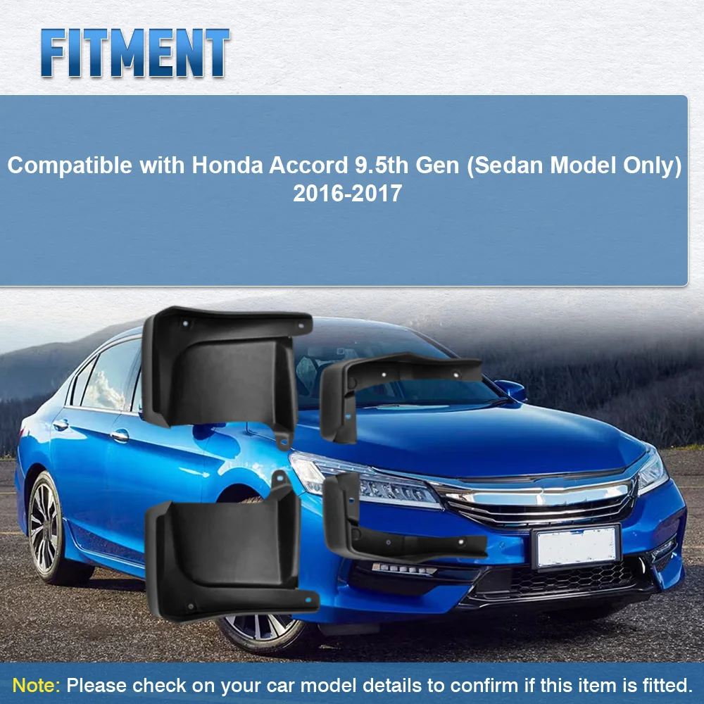 4pcs Wheel mudguard Mud Flaps Kit with 8 screws 1 installation tool For Honda Accord 9.5th Gen (Sedan Model Only) 2016-2017
4pcs Wheel mudguard Mud Flaps Kit with 8 screws 1 installation tool For Honda Accord 9.5th Gen (Sedan Model Only) 2016-2017
