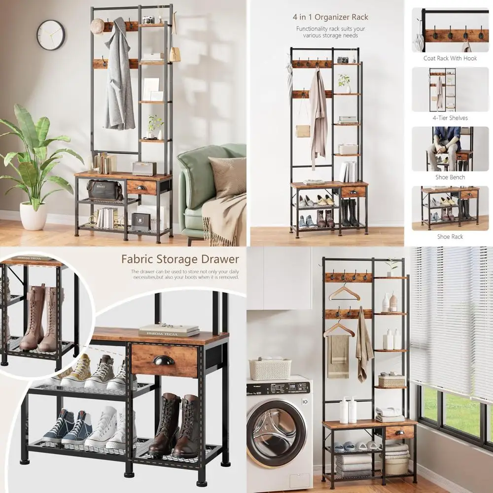 4-in-1 Rustic Brown Entryway Bench with Shoe Storage, 4 Shelves, 8 Hooks, and Fabric Drawer
4-in-1 Rustic Brown Entryway Bench with Shoe Storage, 4 Shelves, 8 Hooks, and Fabric Drawer