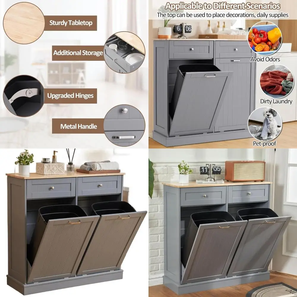 Dual Bin 13 Gallon Freestanding Recycling Cabinet with Concealed Trash Bin, Grey
Dual Bin 13 Gallon Freestanding Recycling Cabinet with Concealed Trash Bin, Grey