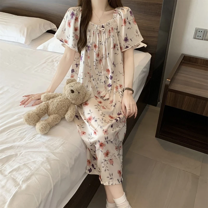 2026 Hot Summer Short Sleeve Ice Silk Satin Print Nightgowns for Women Korean Cute Sleepwear Night Dress Nightdress Home Nighty
2026 Hot Summer Short Sleeve Ice Silk Satin Print Nightgowns for Women Korean Cute Sleepwear Night Dress Nightdress Home Nighty