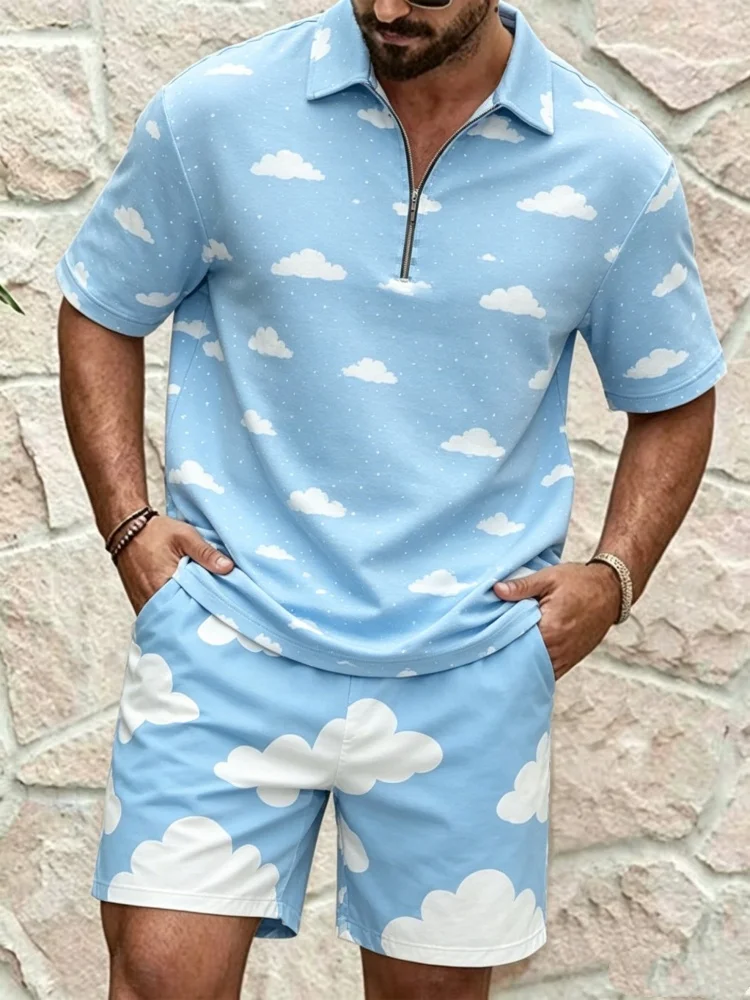 Men's Half-Zip Short Sleeve Shirt & Shorts Set, Loose Comfort Blue Sky Cloud Print Casual Summer Outfit
Men's Half-Zip Short Sleeve Shirt & Shorts Set, Loose Comfort Blue Sky Cloud Print Casual Summer Outfit