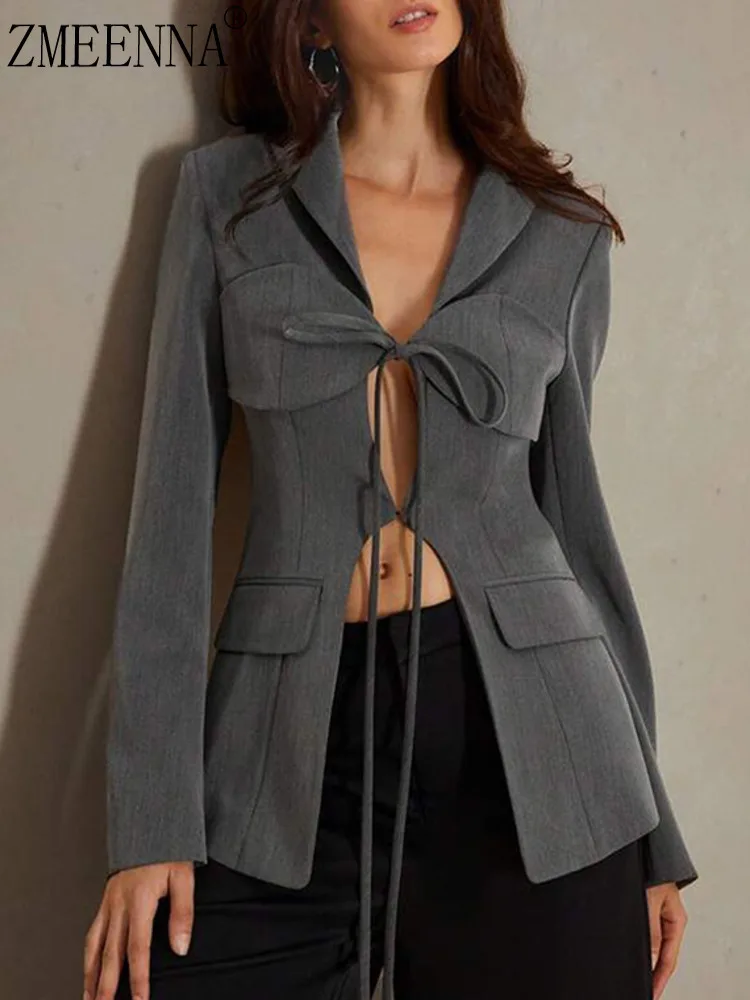 ZMEENNA Women's Gray Front Tie Cutout Blazer Jacket Long Sleeve Notch Lapel Cropped Design Trendy Fashionable Office ZM3246
ZMEENNA Women's Gray Front Tie Cutout Blazer Jacket Long Sleeve Notch Lapel Cropped Design Trendy Fashionable Office ZM3246