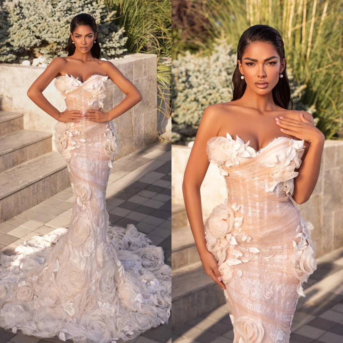Royal Strapless Mermaid Wedding Dress Illusion Appliques Sleeveless Bridal Gown Floor Length Lace Bride Dresses Customized
Royal Strapless Mermaid Wedding Dress Illusion Appliques Sleeveless Bridal Gown Floor Length Lace Bride Dresses Customized