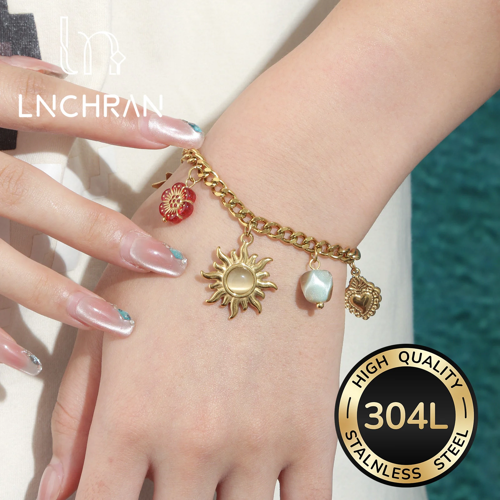 Golden Stainless Steel Sun Star Charm Bracelet with Red Flower and Agate Bead for Women
Golden Stainless Steel Sun Star Charm Bracelet with Red Flower and Agate Bead for Women