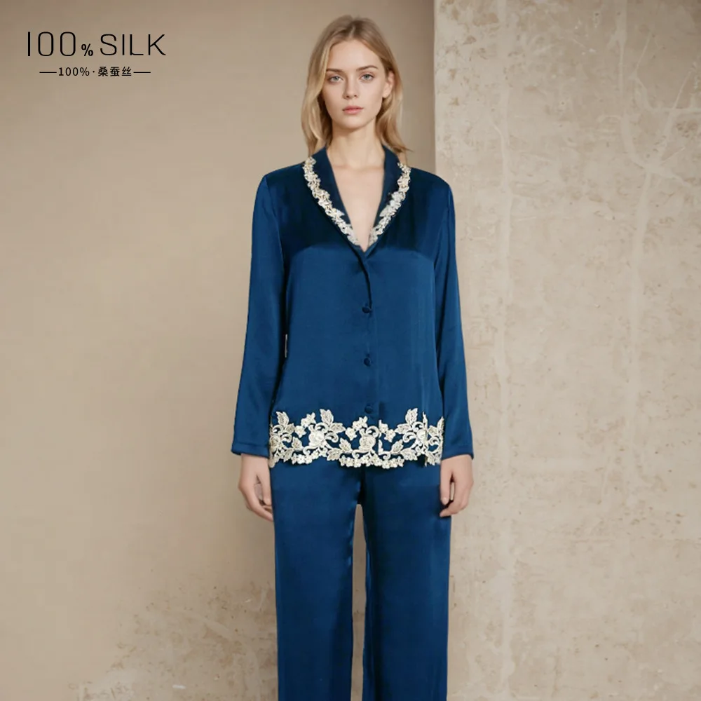 Spring 19MM Silk Women's Pajamas Sleepwear Lace Trim Long-sleeved Suit Nightwear 100% Mulberry Silk Two-piece Pajama Set Pyjamas
Spring 19MM Silk Women's Pajamas Sleepwear Lace Trim Long-sleeved Suit Nightwear 100% Mulberry Silk Two-piece Pajama Set Pyjamas