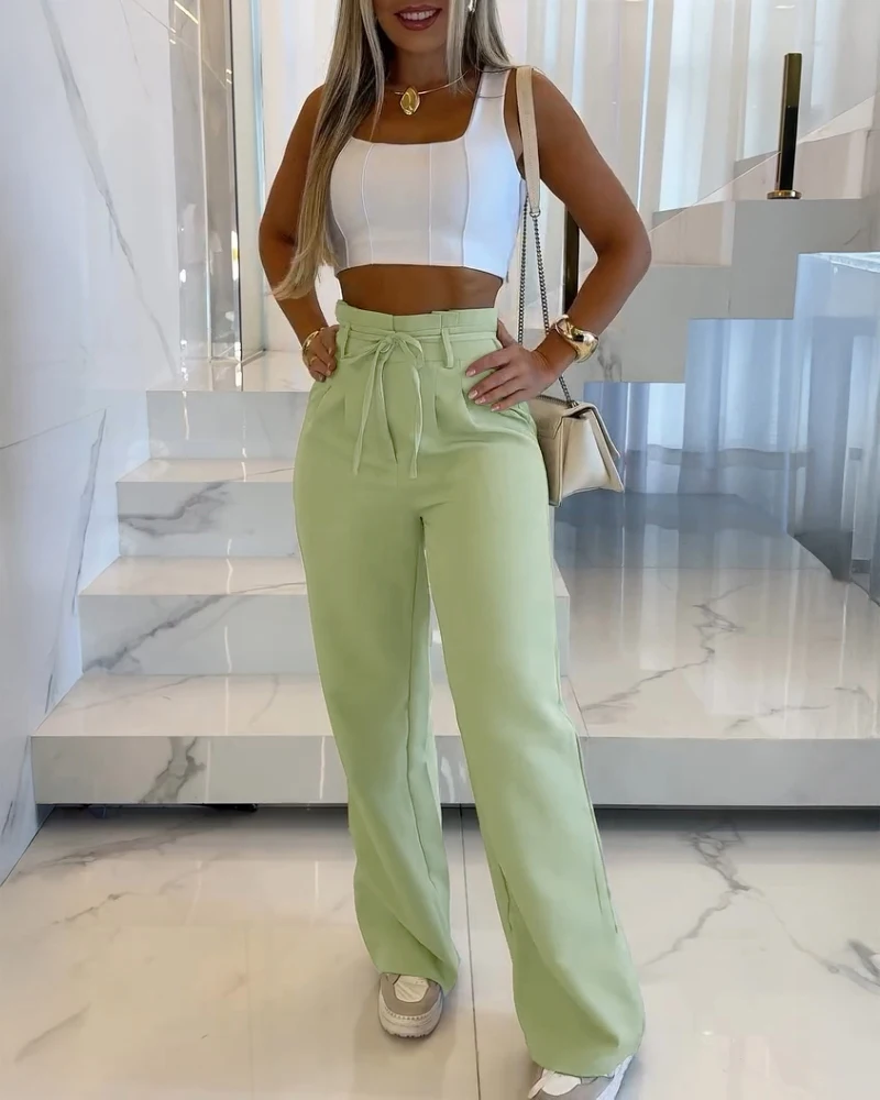 High Waisted Lace Up Detail Zipper Pleated Wide Leg Pants with Pockets, Summer Women's Solid Color Slim Fit High Waisted Pants
High Waisted Lace Up Detail Zipper Pleated Wide Leg Pants with Pockets, Summer Women's Solid Color Slim Fit High Waisted Pants