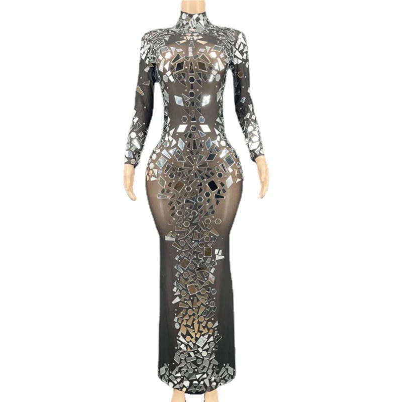 Sparkly Silver Mirrors Rhinestones Black Mesh Transparent Long Dress Women Celebrate Evening Birthday Dress Sexy Stage Wear
Sparkly Silver Mirrors Rhinestones Black Mesh Transparent Long Dress Women Celebrate Evening Birthday Dress Sexy Stage Wear