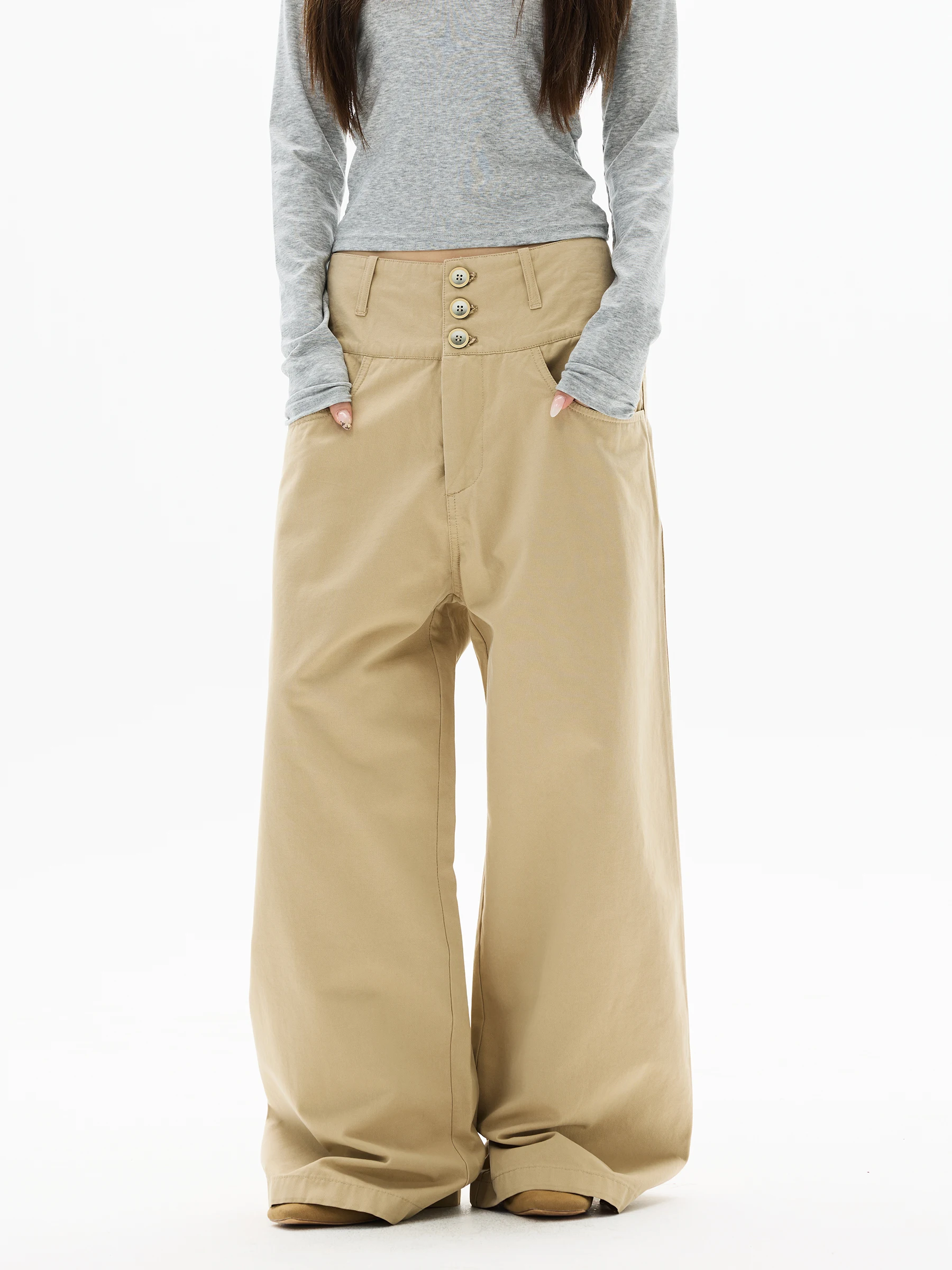 High Waist American Retro Khaki Color Casual Pants for Women Button Design Loose Fit Straight Leg Cotton Trousers
High Waist American Retro Khaki Color Casual Pants for Women Button Design Loose Fit Straight Leg Cotton Trousers