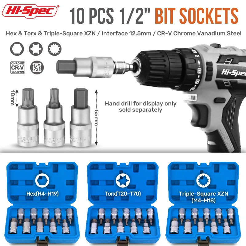 Hi-Spec Car Repair 1/2inch Hex Socket 10Pcs Set Hexagon Socket Bit Tool Kit Six Angle Sleeve Wrench Ratchet Wrench Hand Tool
Hi-Spec Car Repair 1/2inch Hex Socket 10Pcs Set Hexagon Socket Bit Tool Kit Six Angle Sleeve Wrench Ratchet Wrench Hand Tool