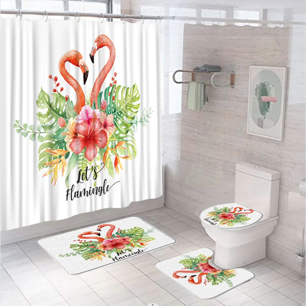 Pink Flamingo Flower Shower Curtain Set with Toilet Lid Cover Non-Slip Rug Bath Mat Tropical Green Plant Fabric Bathroom Curtain
Pink Flamingo Flower Shower Curtain Set with Toilet Lid Cover Non-Slip Rug Bath Mat Tropical Green Plant Fabric Bathroom Curtain