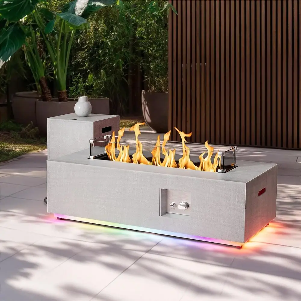 42in LED-lit Propane Fire Pit Table with Hidden Tank, 50,000 BTUs, Wind Guard, Glass Rocks, Light Grey Cover & RGB Lighting
42in LED-lit Propane Fire Pit Table with Hidden Tank, 50,000 BTUs, Wind Guard, Glass Rocks, Light Grey Cover & RGB Lighting