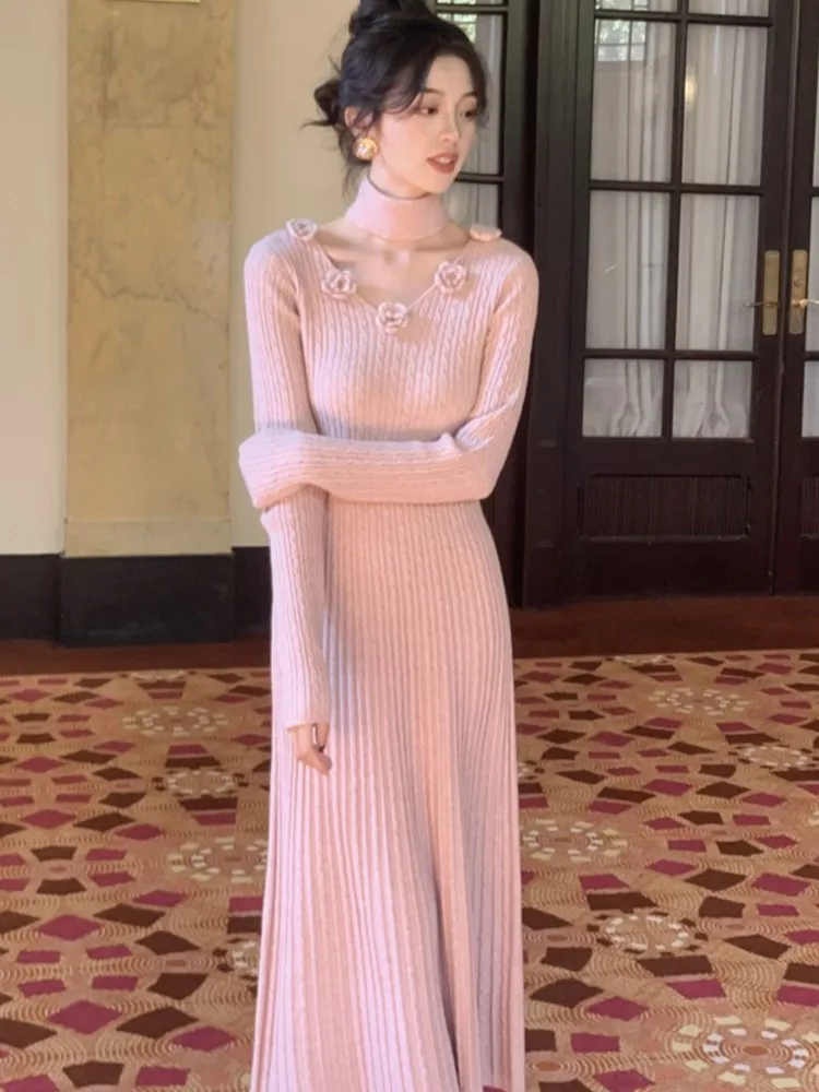 Korean Sweet Pink Floral Knitted Dress for Women Autumn Winter New Elegant Long Sleeve Sweater Midi Dresses Office Lady Clothing
Korean Sweet Pink Floral Knitted Dress for Women Autumn Winter New Elegant Long Sleeve Sweater Midi Dresses Office Lady Clothing