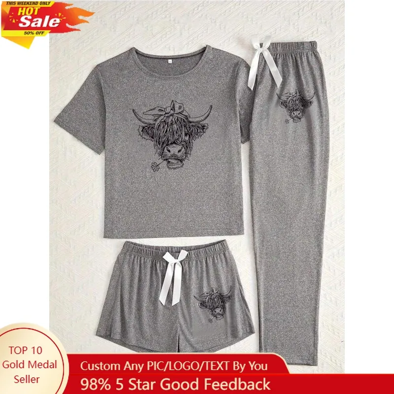 Women's Pajama Short Sleeve & Shorts & Pants Set , Casual Comfortable Sleepwear for All Seasons, Fitted Knitted Fabric
Women's Pajama Short Sleeve & Shorts & Pants Set , Casual Comfortable Sleepwear for All Seasons, Fitted Knitted Fabric