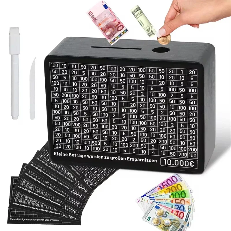 Black Wooden Piggy Bank with Counter, Save Money Box, Coin Bank with Paper Saving Goals and Numbers for Saving Euros
Black Wooden Piggy Bank with Counter, Save Money Box, Coin Bank with Paper Saving Goals and Numbers for Saving Euros