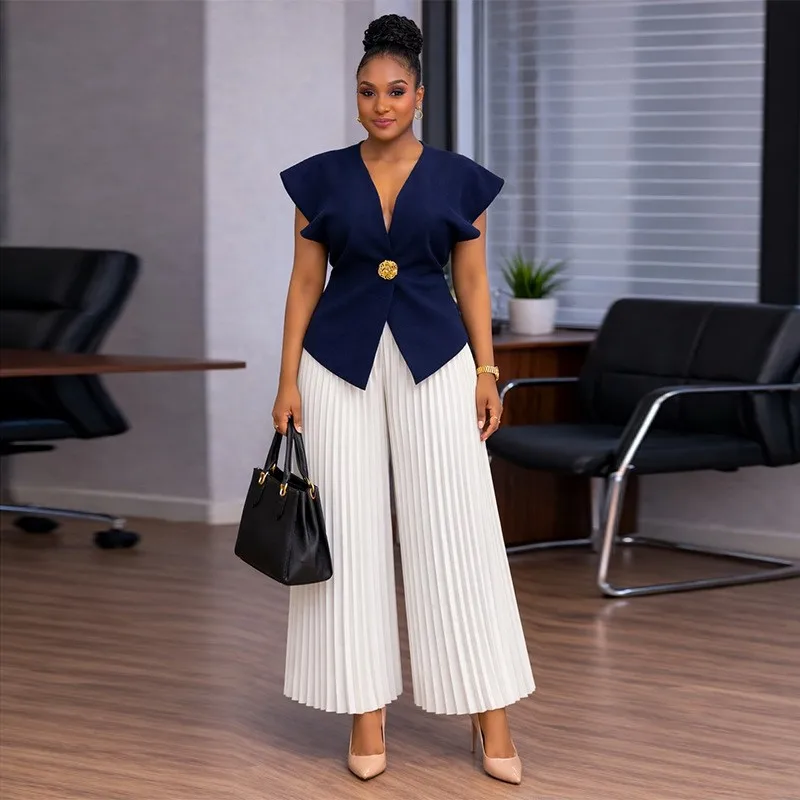 2 Pieces Set For Woman Blouse V Neck Printed Blouses Two Piece Set Pleated Button Top Navy Blue Cropped Ruffle Sleeve Tops
2 Pieces Set For Woman Blouse V Neck Printed Blouses Two Piece Set Pleated Button Top Navy Blue Cropped Ruffle Sleeve Tops