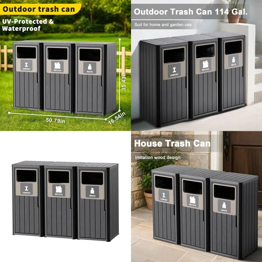 Weatherproof Outdoor Triple Bin Trash Can with Labels for Porch, Backyard, Kitchen - 30-39 Gallon Capacity
Weatherproof Outdoor Triple Bin Trash Can with Labels for Porch, Backyard, Kitchen - 30-39 Gallon Capacity