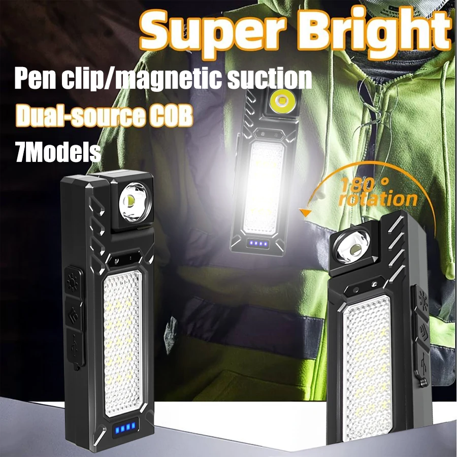 New Portable COB LED Flashlight USB Rechargeable Work Light Magnetic Lanterna Pen Clip Lamp with Built-in Battery Camping Torch 
New Portable COB LED Flashlight USB Rechargeable Work Light Magnetic Lanterna Pen Clip Lamp with Built-in Battery Camping Torch