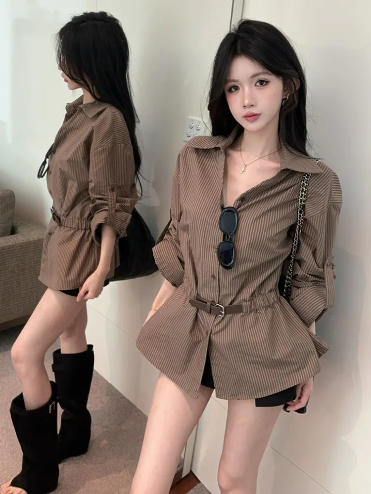 Retro Collar Loose Lazy Striped Waist-Cinching Shirt Spring Autumn Slimming Top Elegant Fashionable Knitted Women's Shirt
Retro Collar Loose Lazy Striped Waist-Cinching Shirt Spring Autumn Slimming Top Elegant Fashionable Knitted Women's Shirt