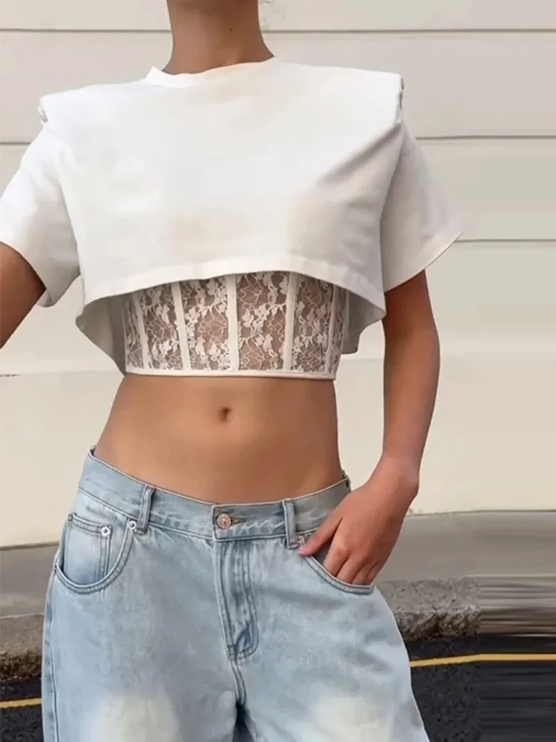 Back Slit Lace Patchwork Top Women Solid Round Neck Short Sleeve Slim Fit Show Waist Corset Shirt Lady New Summer Fashion Tops
Back Slit Lace Patchwork Top Women Solid Round Neck Short Sleeve Slim Fit Show Waist Corset Shirt Lady New Summer Fashion Tops