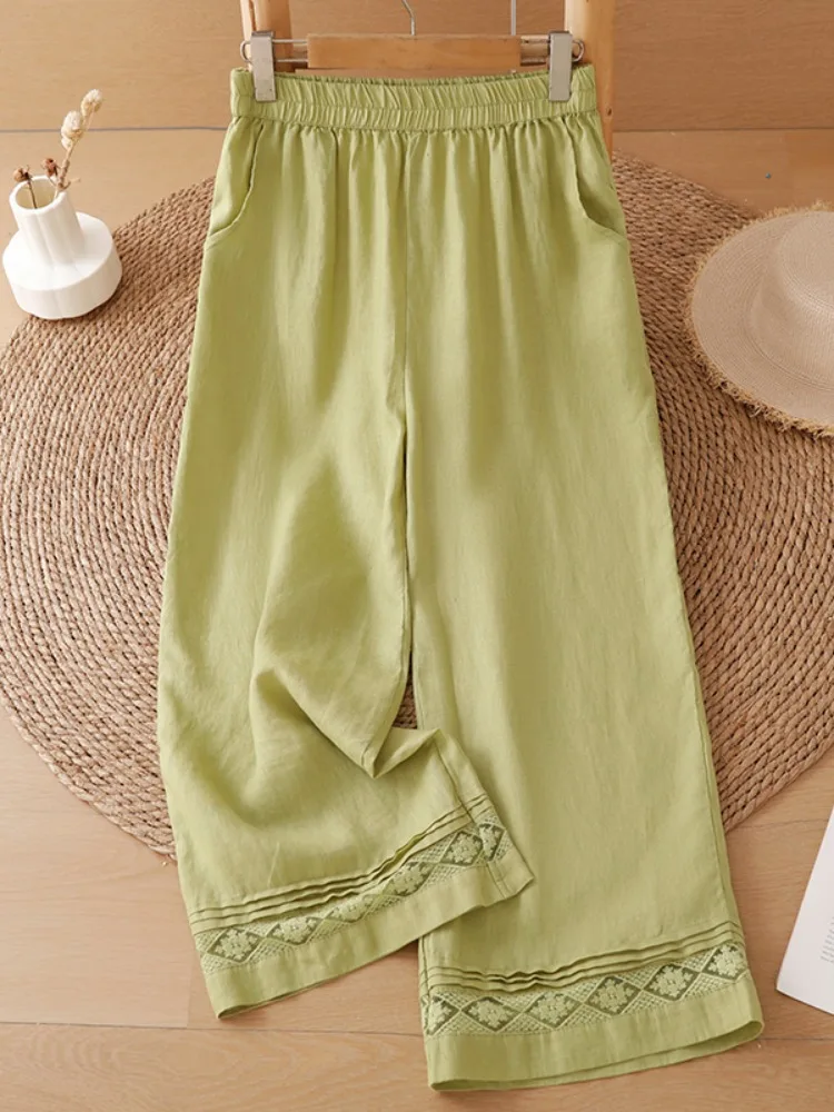 Retro Style Lace Trimmed Embroidered Linen Wide Leg Pants Women Summer Loose Elastic Waist Straight Cut Casual Trousers
Retro Style Lace Trimmed Embroidered Linen Wide Leg Pants Women Summer Loose Elastic Waist Straight Cut Casual Trousers