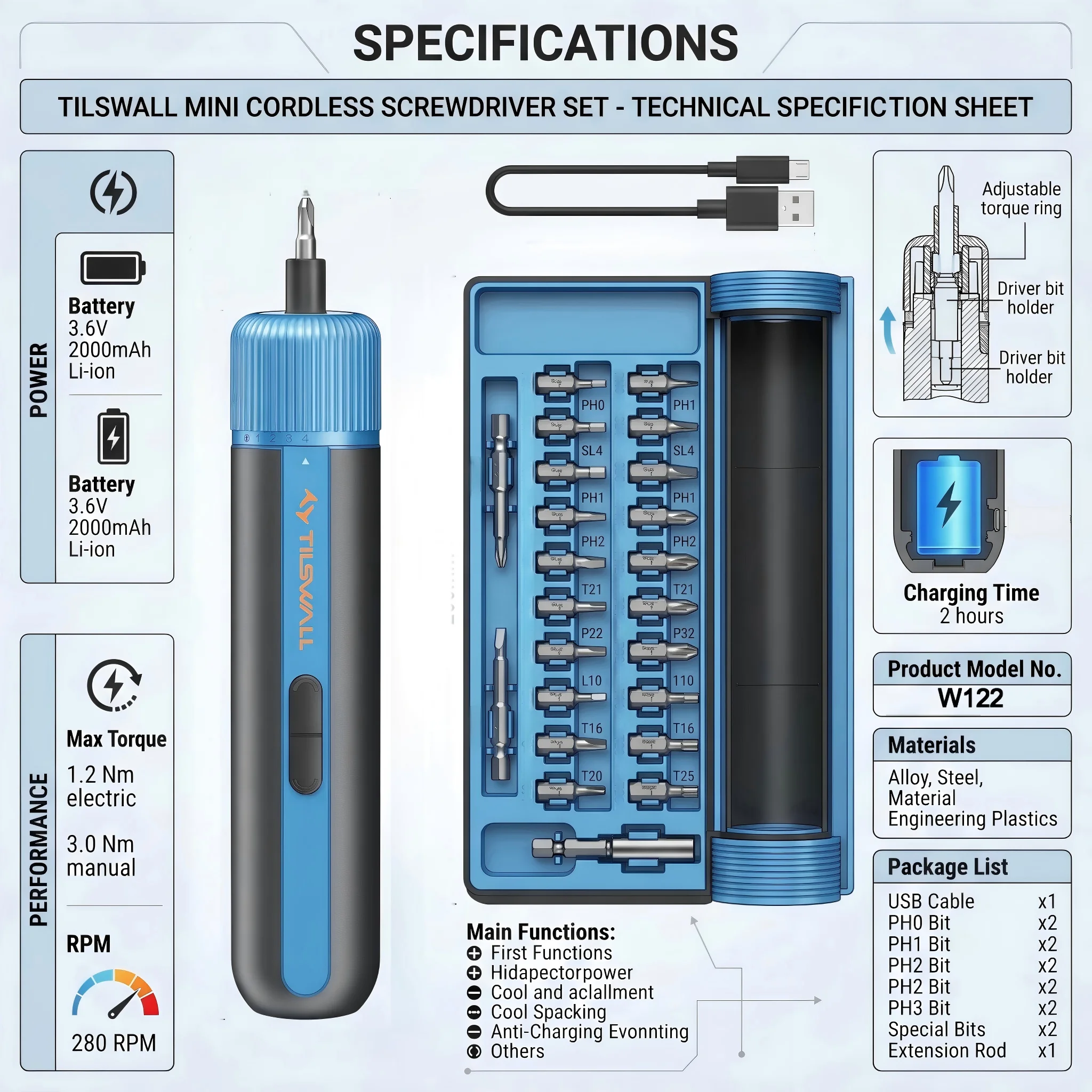 Cordless Electric Screwdriver - 2000 mAh Rechargeable Electric Drill Multi-functional Disassembly Tool,Cordless Screwdriver with 4-Level Control,USB-C Fast Charging, with 25pc S2 Steel Bits for DIY and Home Repairs (Blue)
Cordless Electric Screwdriver - 2000 mAh Rechargeable Electric Drill Multi-functional Disassembly Tool,Cordless Screwdriver with 4-Level Control,USB-C Fast Charging, with 25pc S2 Steel Bits for DIY and Home Repairs (Blue)