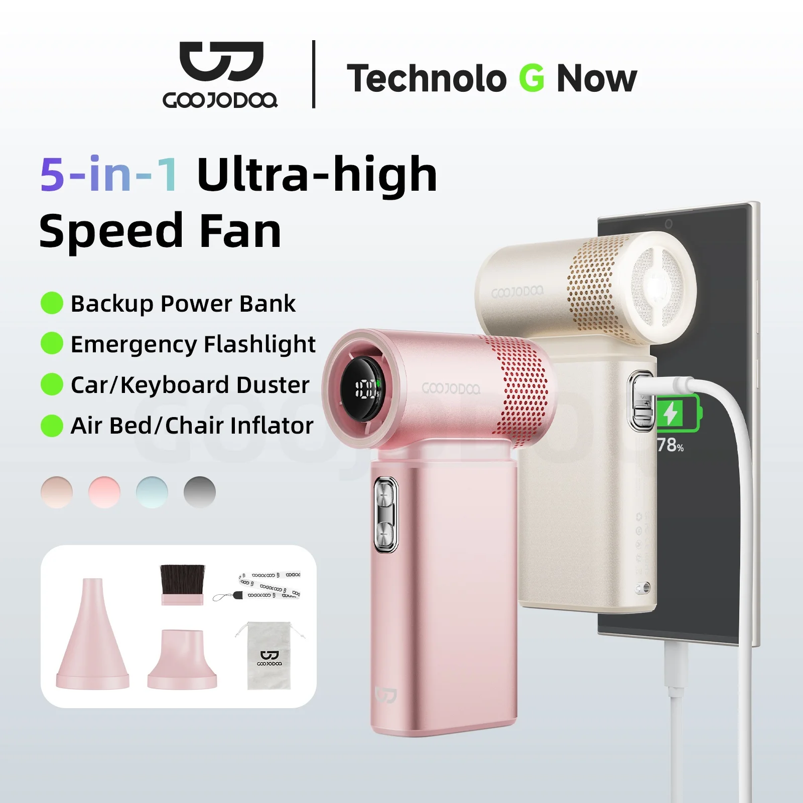 GOOJODOQ Ultra High Speed 5 in1 Multifunction Fan 100 Gear Wind Mini Fan with Emergency Light and Power Bank
GOOJODOQ Ultra High Speed 5 in1 Multifunction Fan 100 Gear Wind Mini Fan with Emergency Light and Power Bank