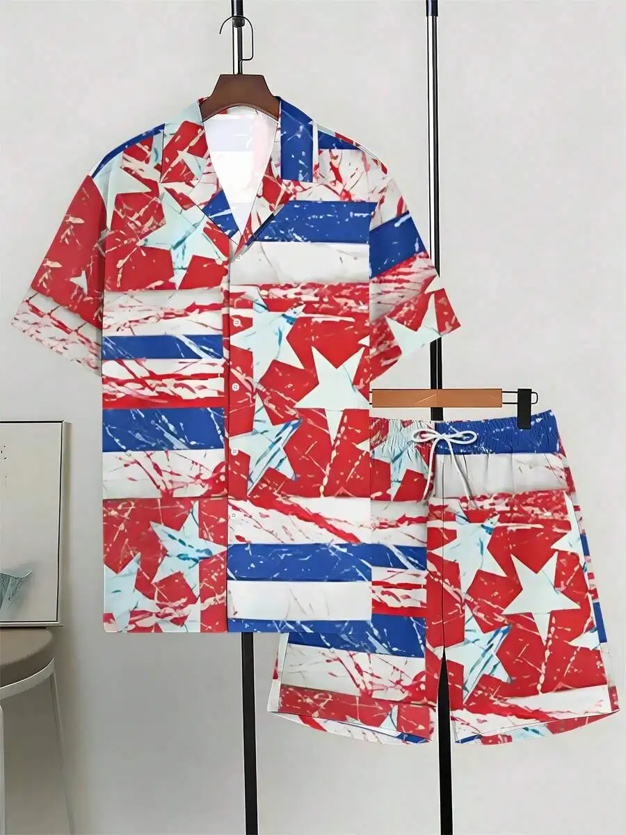 Mens Cuban Collar Shirt And Beach Shorts Set Distressed Star Stripe Print Red White Blue Casual Summer Vacation
Mens Cuban Collar Shirt And Beach Shorts Set Distressed Star Stripe Print Red White Blue Casual Summer Vacation