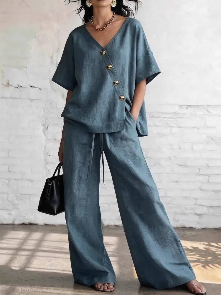 Casual Cotton Loose Pants Sets Women Summer 2026 Fashion Short Sleeve V-neck Tops And Wide Leg Pant 2 Piece Set Woman Outfits
Casual Cotton Loose Pants Sets Women Summer 2026 Fashion Short Sleeve V-neck Tops And Wide Leg Pant 2 Piece Set Woman Outfits