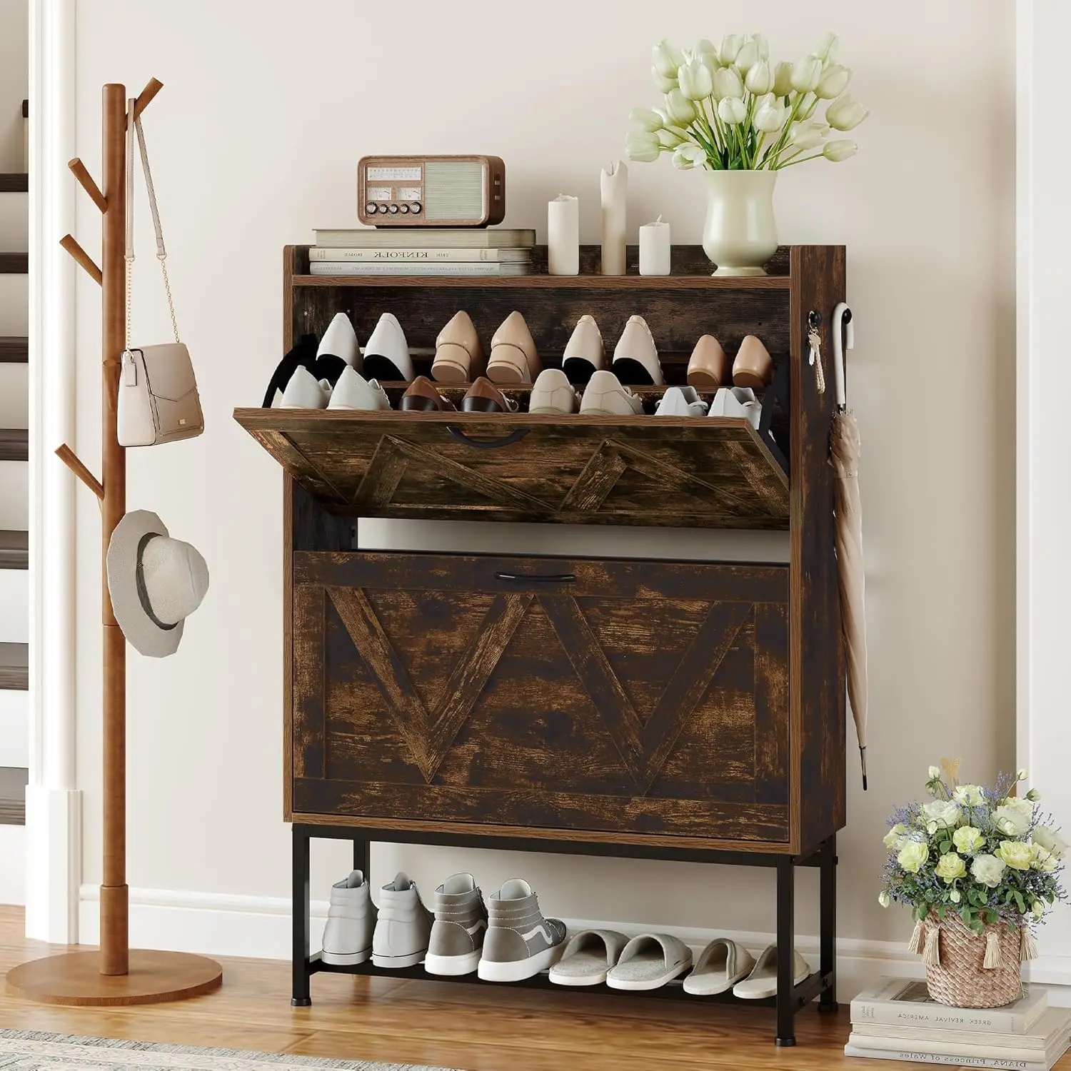 Narrow Shoe Cabinet 2 Flip Drawers Adjustable Shelf Entryway Slim Hidden Organizer Rack Rustic Brown Customized
Narrow Shoe Cabinet 2 Flip Drawers Adjustable Shelf Entryway Slim Hidden Organizer Rack Rustic Brown Customized