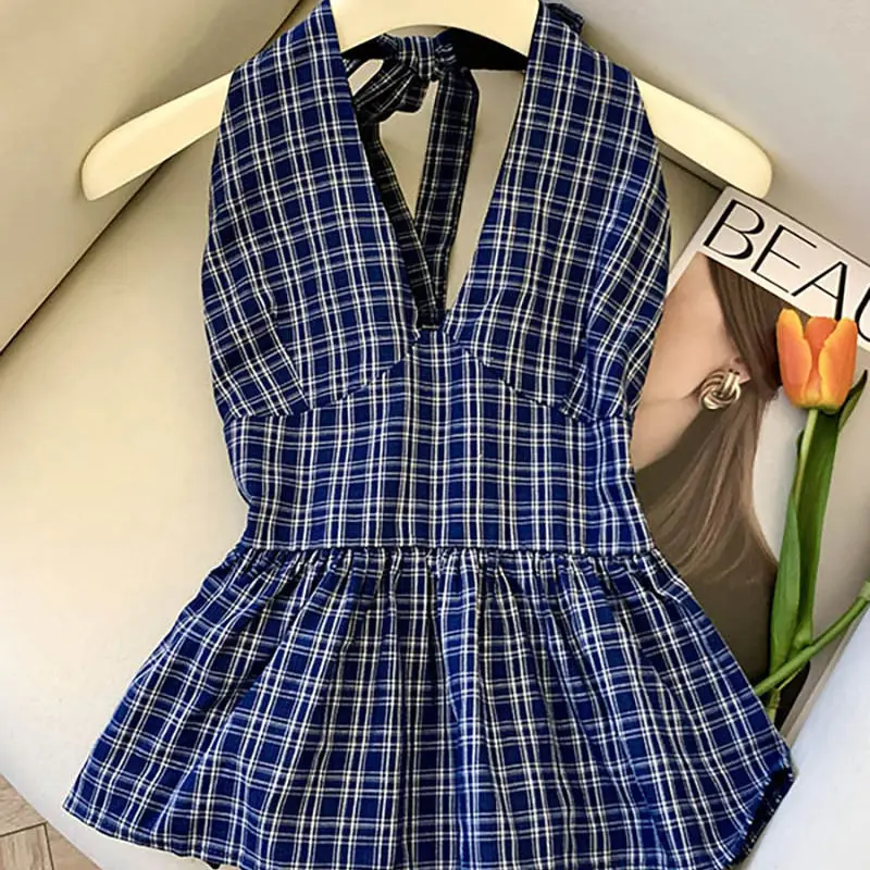 Backless Strappy V-neck Plaid Shirt for Women Summer New Design Ruffle Waist Short Top
Backless Strappy V-neck Plaid Shirt for Women Summer New Design Ruffle Waist Short Top