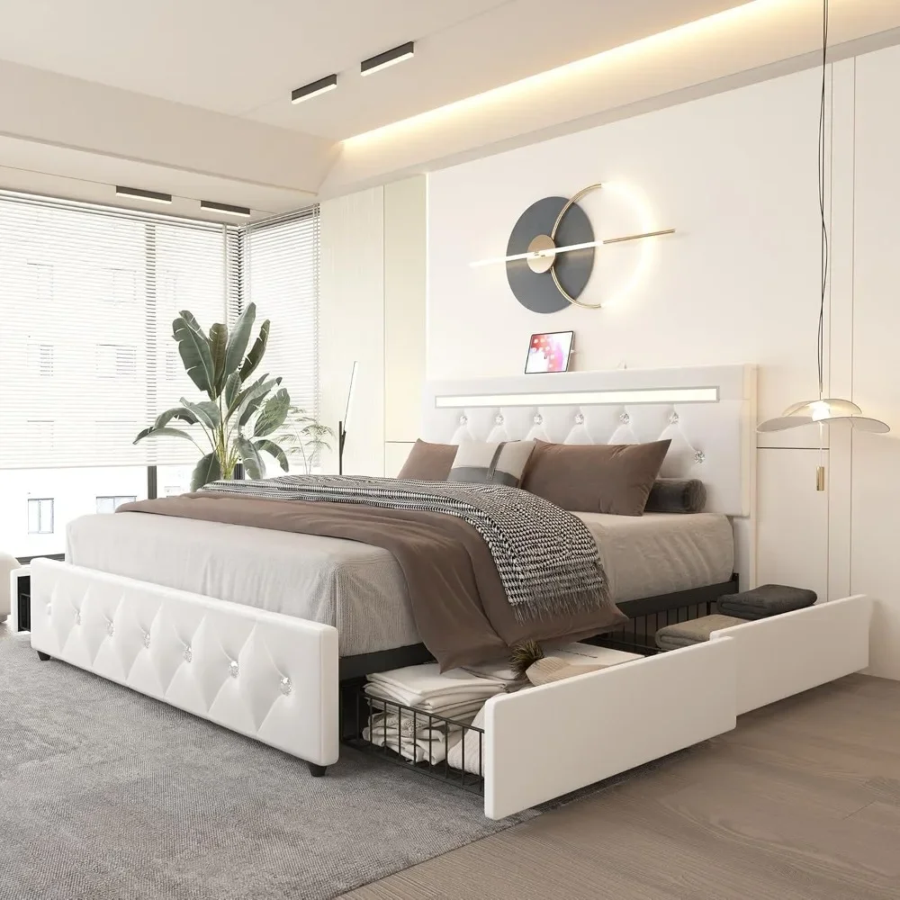 Upholstered Bed Frame with 4 Drawers and LED Adjustable Headboard, Charge Station, Solid Wooden Slats Support,White Bed Bases.
Upholstered Bed Frame with 4 Drawers and LED Adjustable Headboard, Charge Station, Solid Wooden Slats Support,White Bed Bases.
