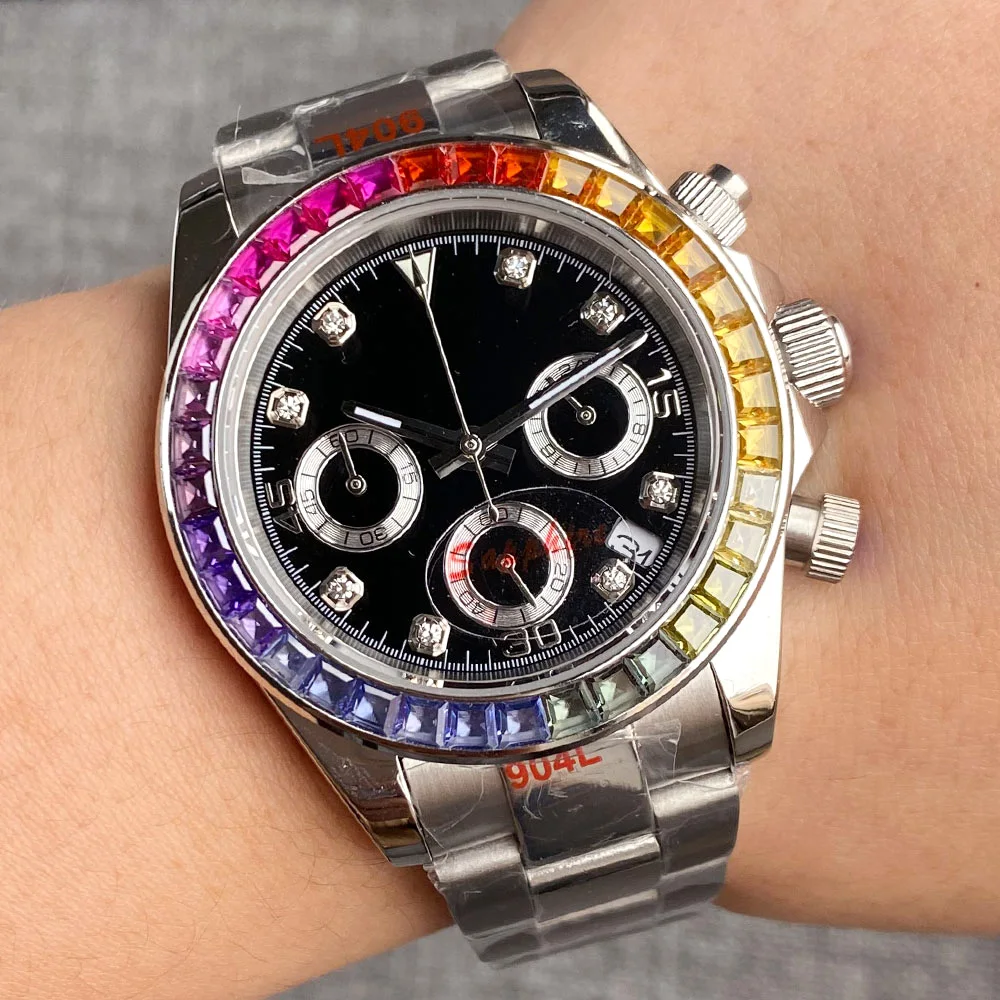 39mm VK63 Movement Quartz Multi-Function Black Sterile Dial Stainless Steel Luxury Men Sports Watch Gemstone Bezel Bracelet
39mm VK63 Movement Quartz Multi-Function Black Sterile Dial Stainless Steel Luxury Men Sports Watch Gemstone Bezel Bracelet