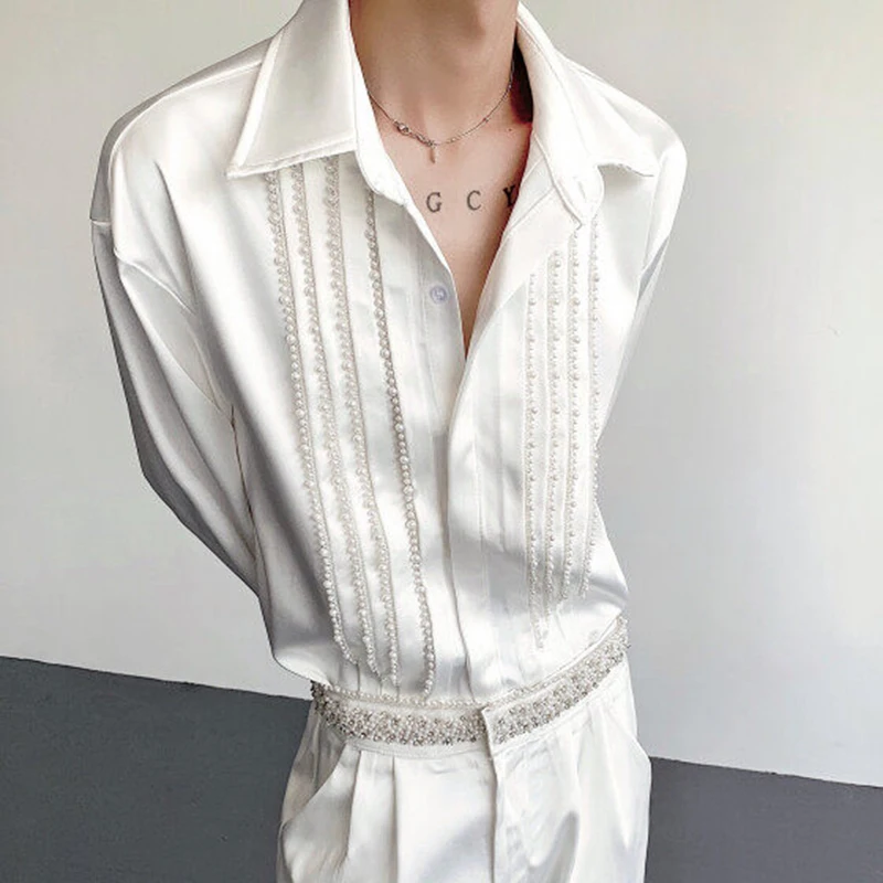 Korean New Chic Men's Shirt Long Sleeve Pearl Decoration Smooth Glossy Men Shirts Solid Color Casual Male Top Summer 9W3511
Korean New Chic Men's Shirt Long Sleeve Pearl Decoration Smooth Glossy Men Shirts Solid Color Casual Male Top Summer 9W3511
