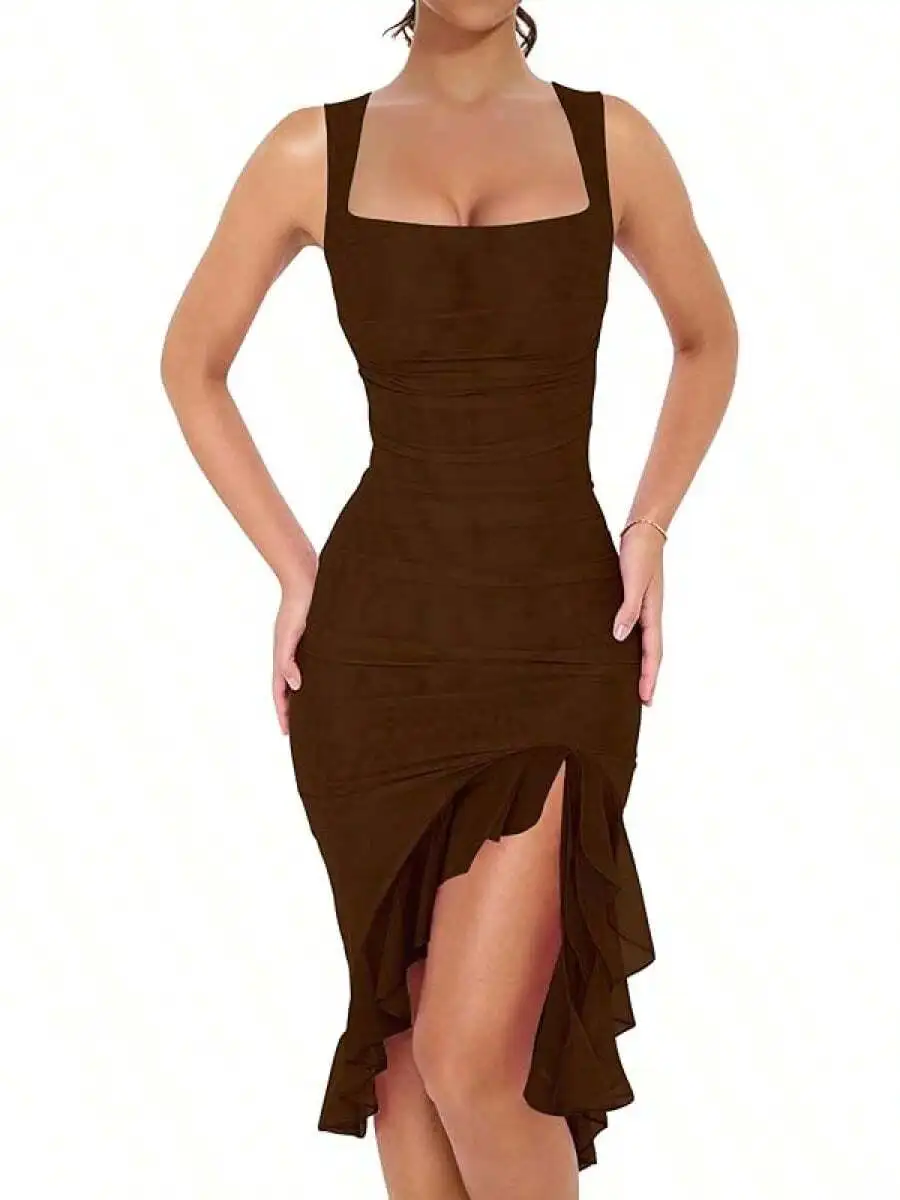 Womens Ruched Bodycon Midi Dress Square Neck Sleeveless Ruffle Hem Party Club Dress
Womens Ruched Bodycon Midi Dress Square Neck Sleeveless Ruffle Hem Party Club Dress