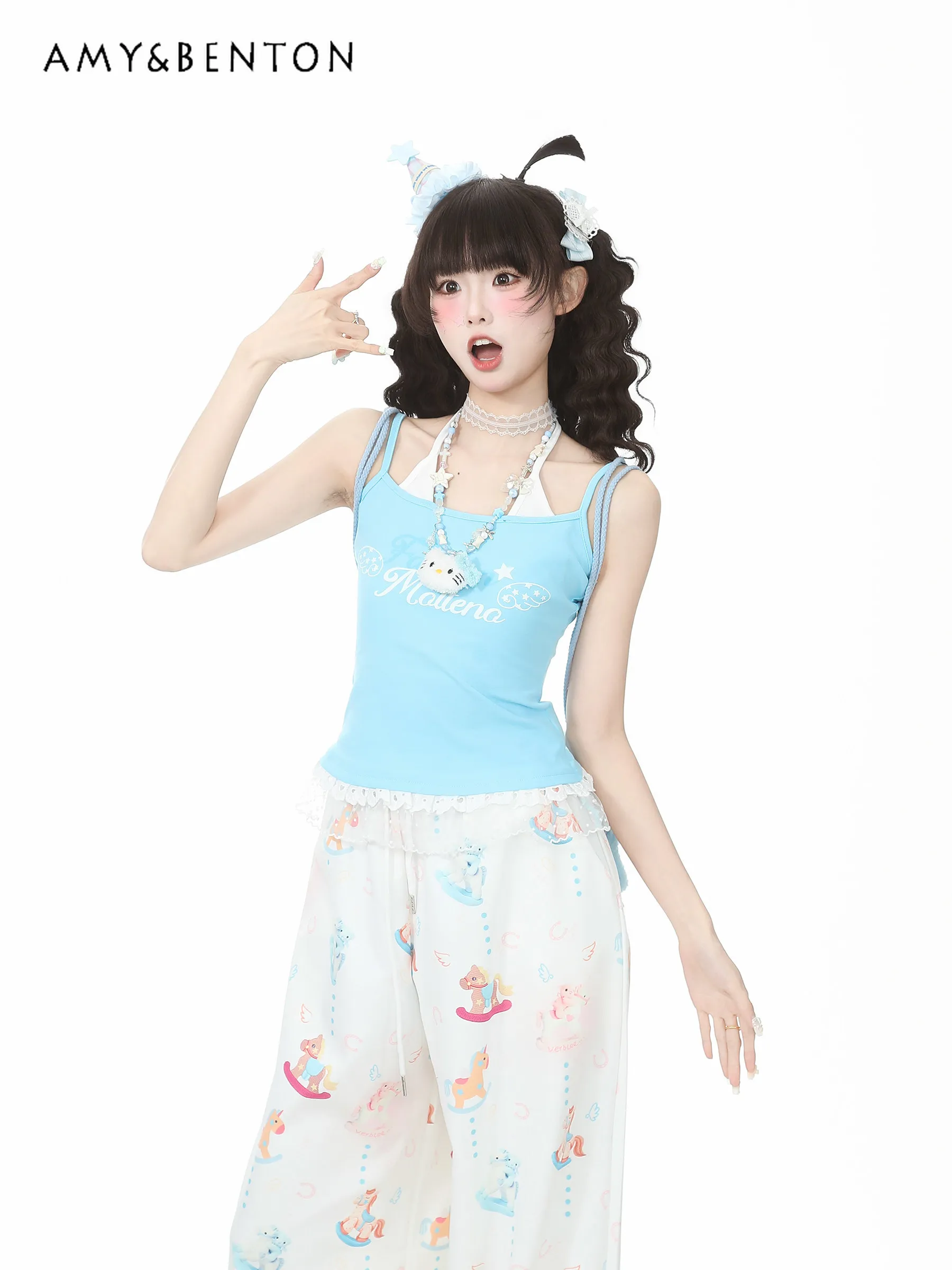 2026 Summer Cute Japanese Style Women’s Blue Yellow Fake Two Piece Halter Neck Slim Sleeveless Lace Short Tank Top
2026 Summer Cute Japanese Style Women’s Blue Yellow Fake Two Piece Halter Neck Slim Sleeveless Lace Short Tank Top