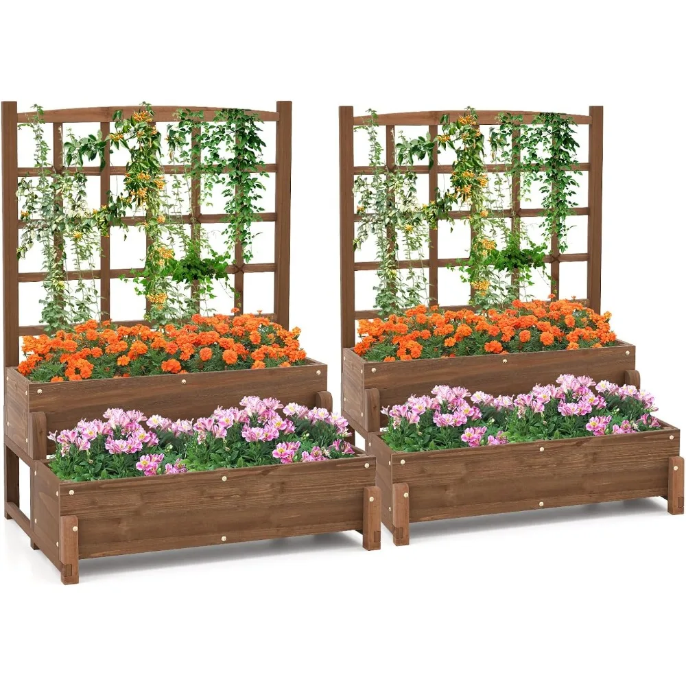 2 Pieces Raised Garden Bed with Trellis, 2-Tier Wooden Elevated Planter Box with Legs, Hemp Rope & Drainage Holes, Raised Plant
2 Pieces Raised Garden Bed with Trellis, 2-Tier Wooden Elevated Planter Box with Legs, Hemp Rope & Drainage Holes, Raised Plant