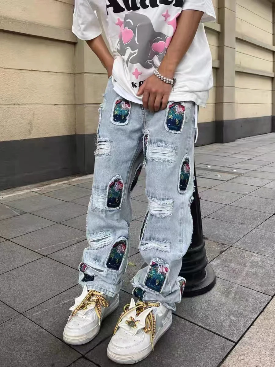 European and American High Street Water Washed Hole Patch Embroidered Jeans Men's Loose Straight Hiphop Pants
European and American High Street Water Washed Hole Patch Embroidered Jeans Men's Loose Straight Hiphop Pants