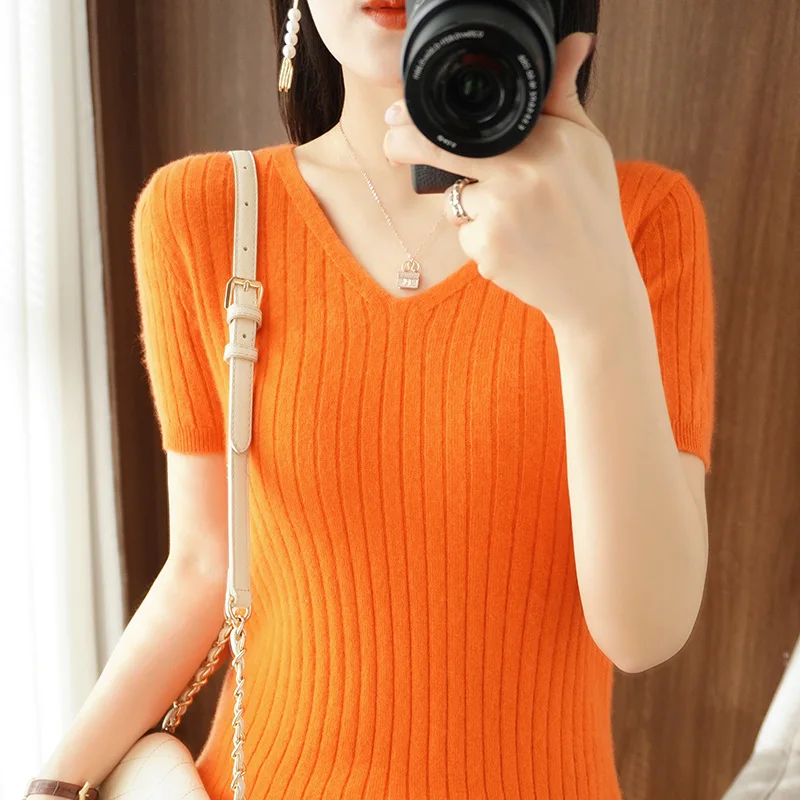 2024 Summer New Short sleeved T-shirt Women's Pullover Short sleeved Spring and Autumn V-neck Knitted Bottom Top
2024 Summer New Short sleeved T-shirt Women's Pullover Short sleeved Spring and Autumn V-neck Knitted Bottom Top